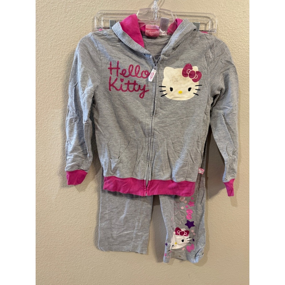 Hello Kitty Hoodie and Joggers Set Girls Size L 10/12 Grey Pink Excellent Zip Up